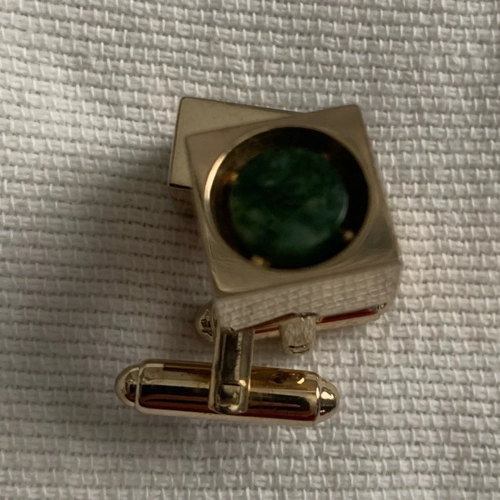 Vintage Cufflinks Gold Tone Square with Green Chrysoprase Stone